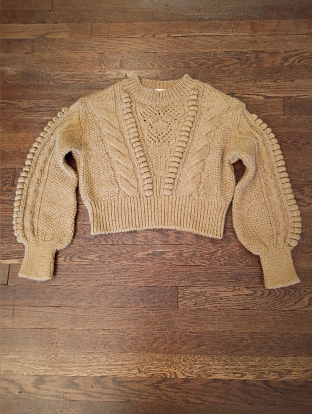 Anthropologie Chunky Knit Sweater Golden Cable Bobble Balloon Sleeve Size Small